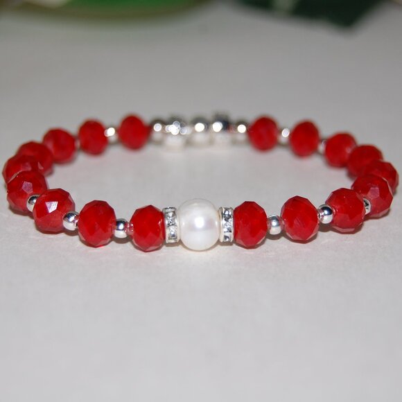 Freshwater Pearl Bracelet,Red Bracelet,Pearl and Red Glass Beads Bracelet - Picture 1 of 4
